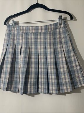 Mable Pleated Mini Skirt in Blue and Cream Plaid